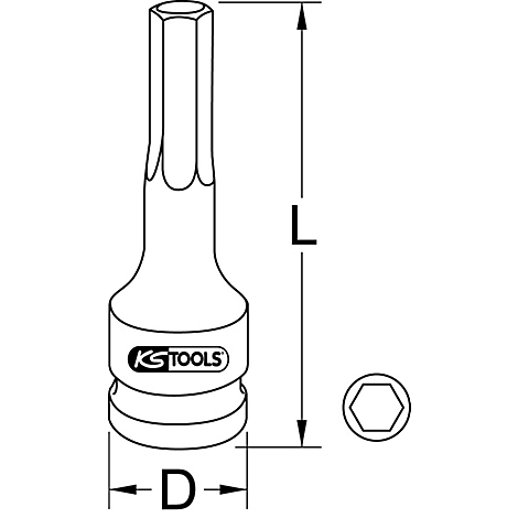 Dessin technique d'un outil. Il a une pointe hexagonale, une forme cylindrique et le logo KS TOOLS.